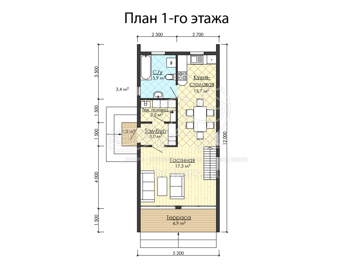 3D Проект полутораэтажного дома барнхаус 12 на 5.2 метров ДБХ003 | Бобры